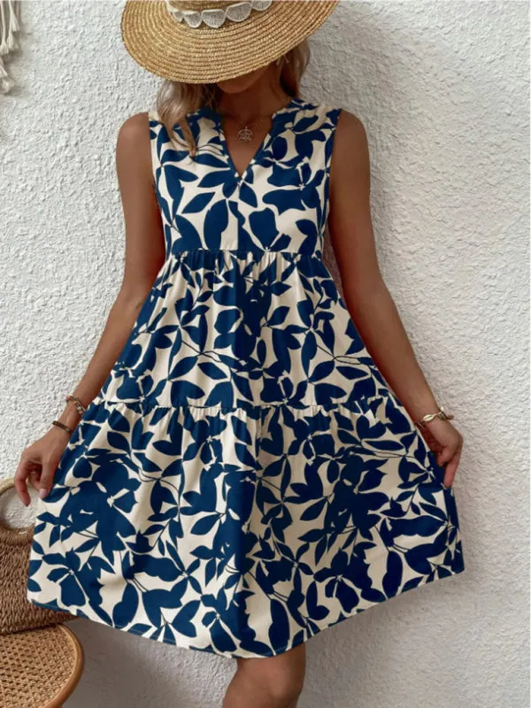 Leafy Tiered Ruffle Leaf Print Tank Dress