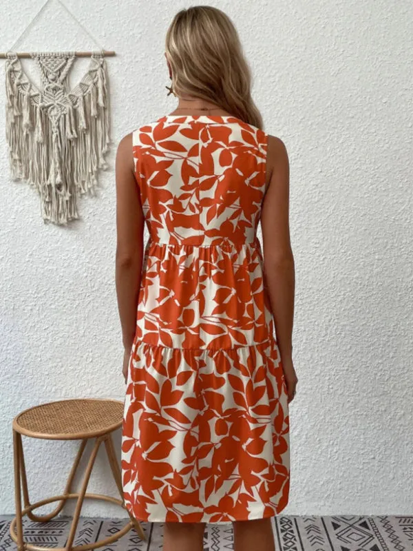 Leafy Tiered Ruffle Leaf Print Tank Dress