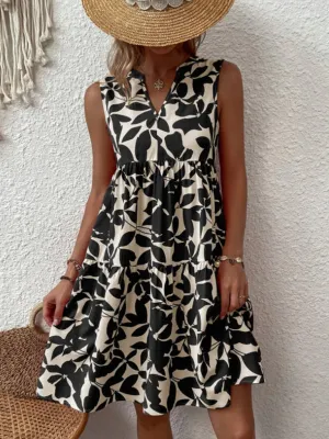 Leafy Tiered Ruffle Leaf Print Tank Dress