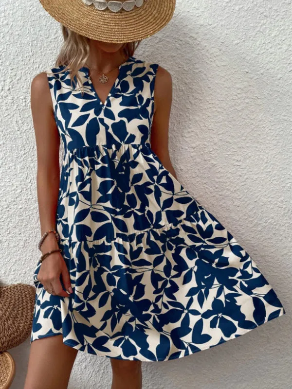 Leafy Tiered Ruffle Leaf Print Tank Dress