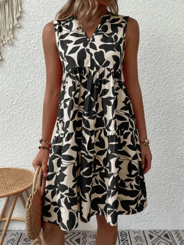 Leafy Tiered Ruffle Leaf Print Tank Dress