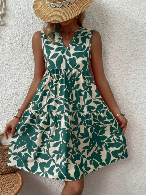 Leafy Tiered Ruffle Leaf Print Tank Dress