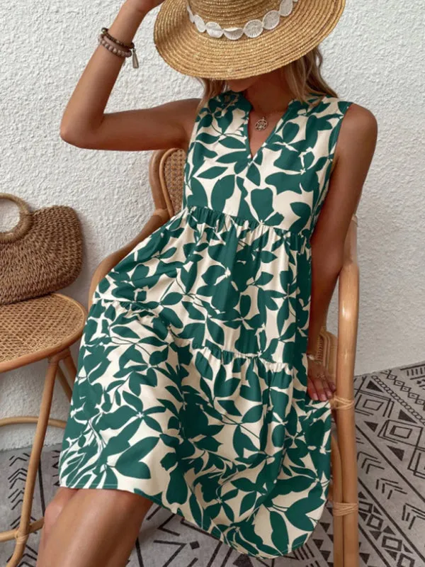 Leafy Tiered Ruffle Leaf Print Tank Dress
