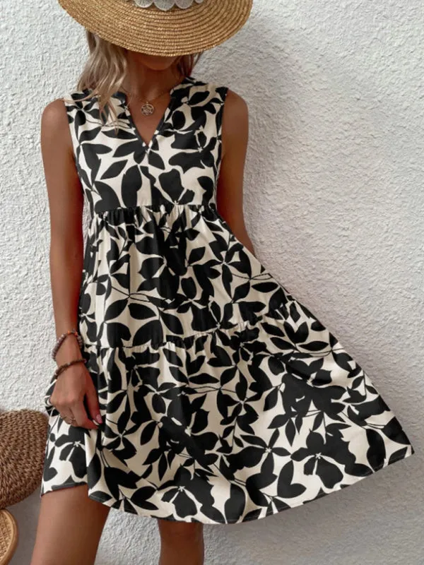 Leafy Tiered Ruffle Leaf Print Tank Dress
