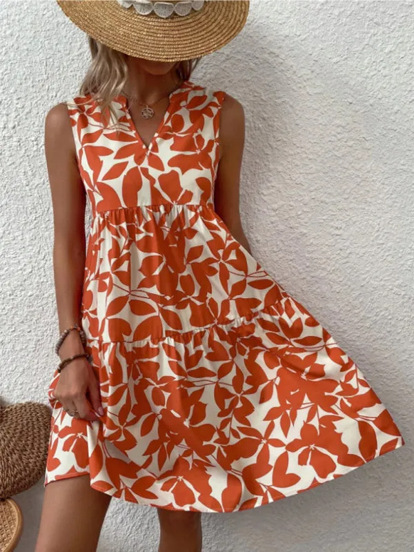 Leafy Tiered Ruffle Leaf Print Tank Dress