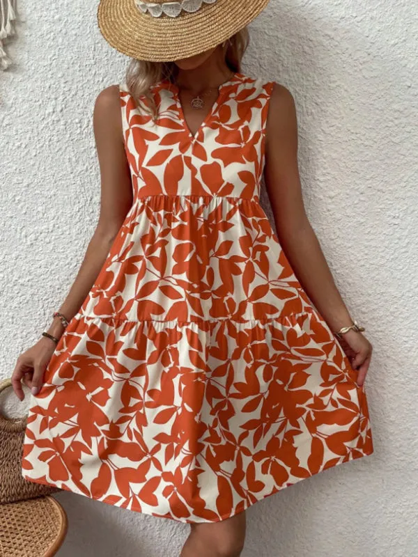 Leafy Tiered Ruffle Leaf Print Tank Dress