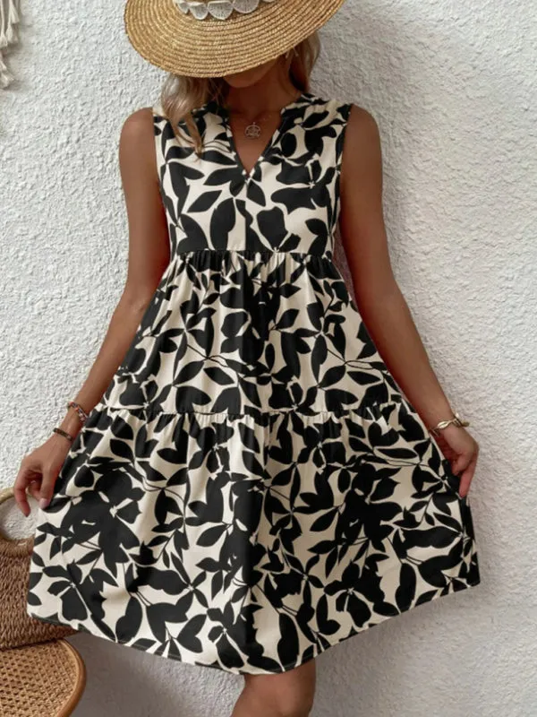 Leafy Tiered Ruffle Leaf Print Tank Dress