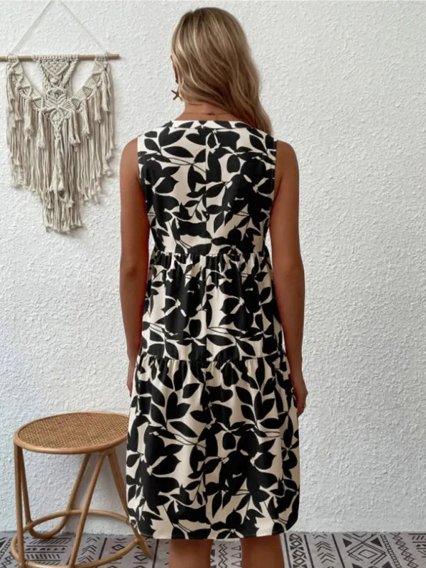 Leafy Tiered Ruffle Leaf Print Tank Dress