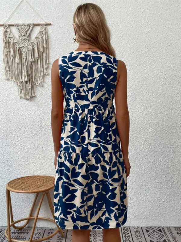Leafy Tiered Ruffle Leaf Print Tank Dress