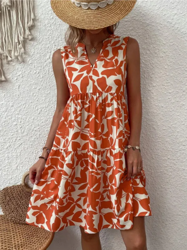 Leafy Tiered Ruffle Leaf Print Tank Dress