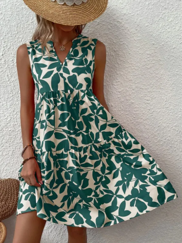Leafy Tiered Ruffle Leaf Print Tank Dress