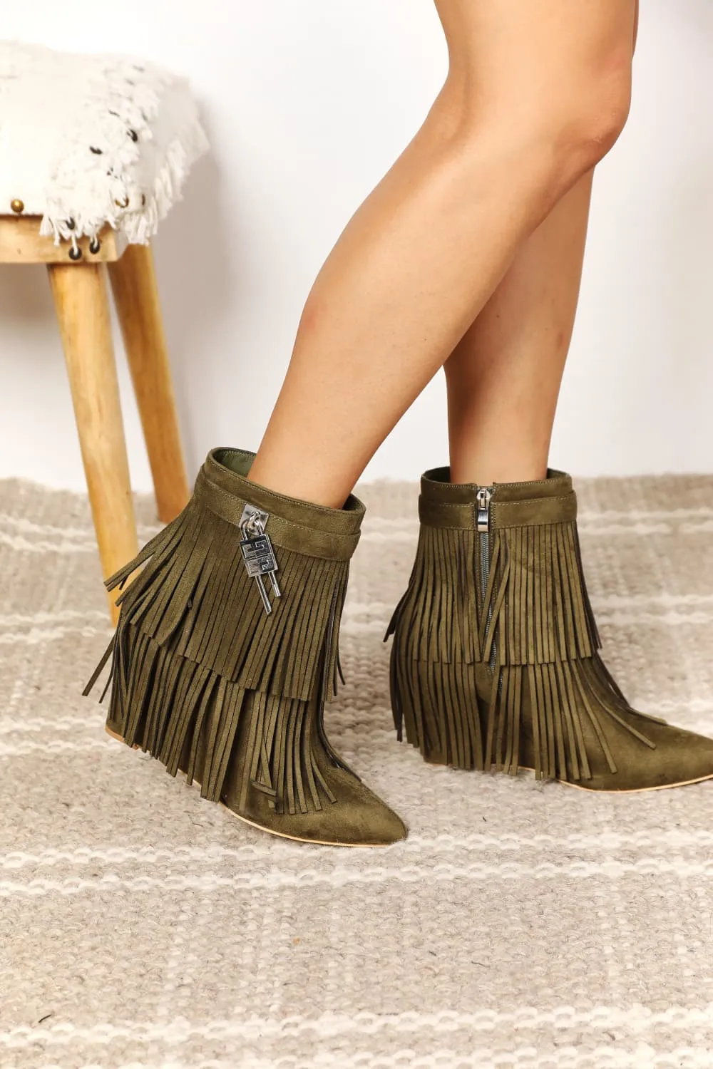 Legend Fringed Wedge Heel Pointy Toe Olive Green Ankle Booties Boots