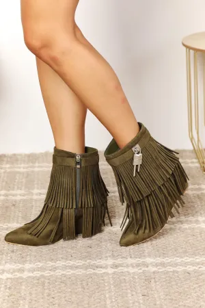Legend Fringed Wedge Heel Pointy Toe Olive Green Ankle Booties Boots