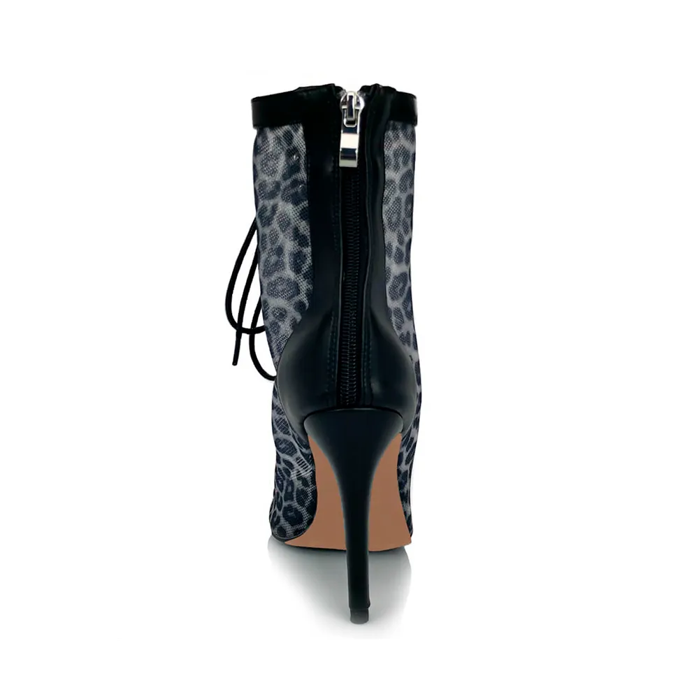 Leona Black Leopard Mesh Open Toe Lace-Up Latin Dance Booties (Street Sole)