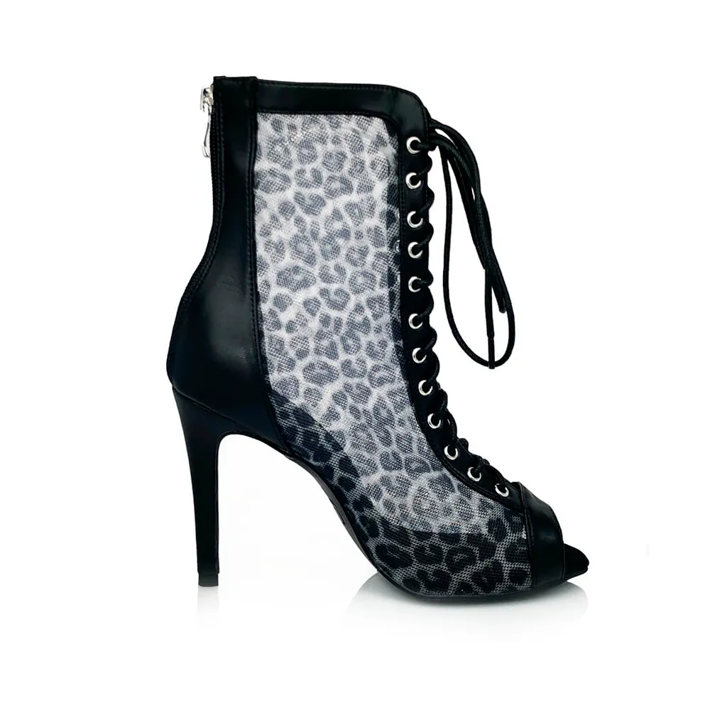 Leona Black Leopard Mesh Open Toe Lace-Up Latin Dance Booties (Street Sole)