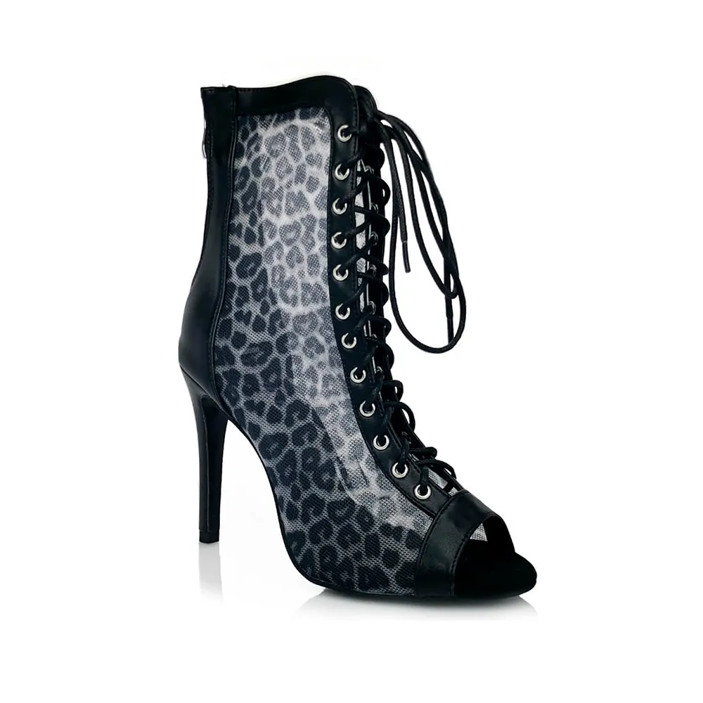 Leona Black Leopard Mesh Open Toe Lace-Up Latin Dance Booties (Street Sole)