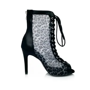 Leona Black Leopard Mesh Open Toe Lace-Up Latin Dance Booties (Street Sole)