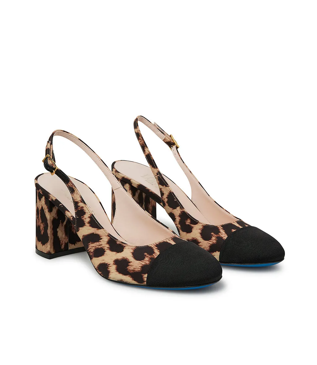 Leopard print and black gross grain fabric slingbacks