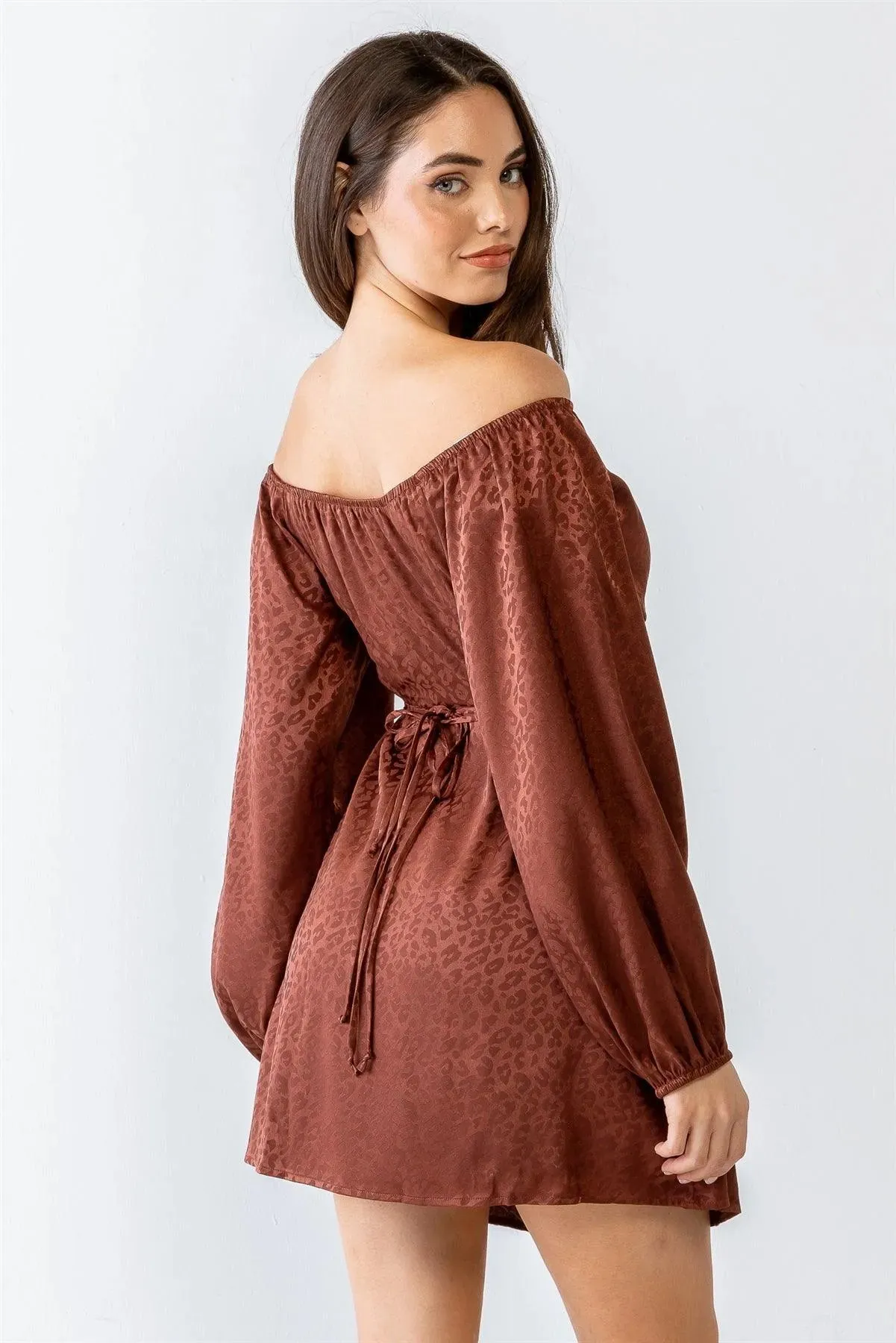 Leopard Satin Off-The-Shoulder Open Front Mini Dress