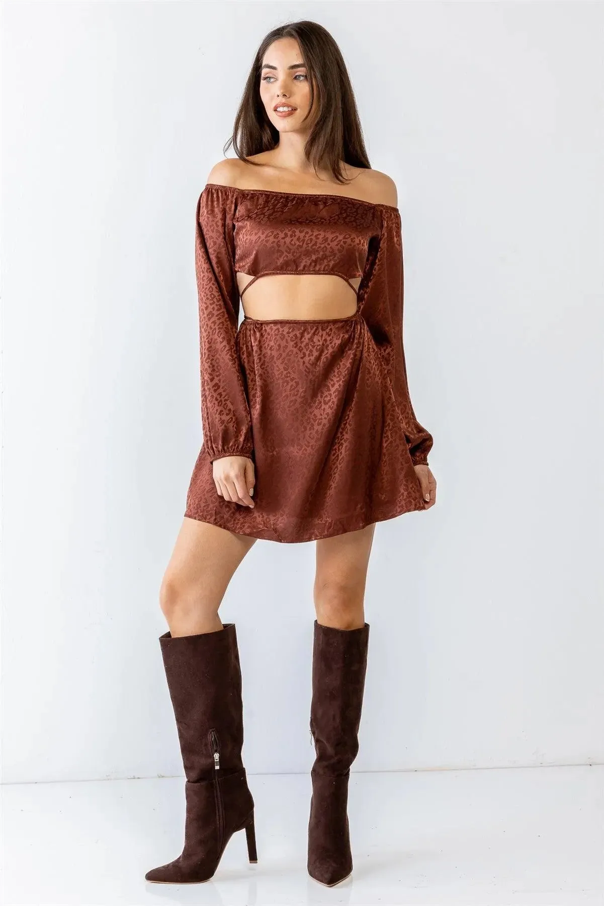 Leopard Satin Off-The-Shoulder Open Front Mini Dress
