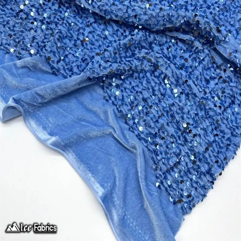 Light Blue Emma Stretch Velvet Fabric with Embroidery Sequin