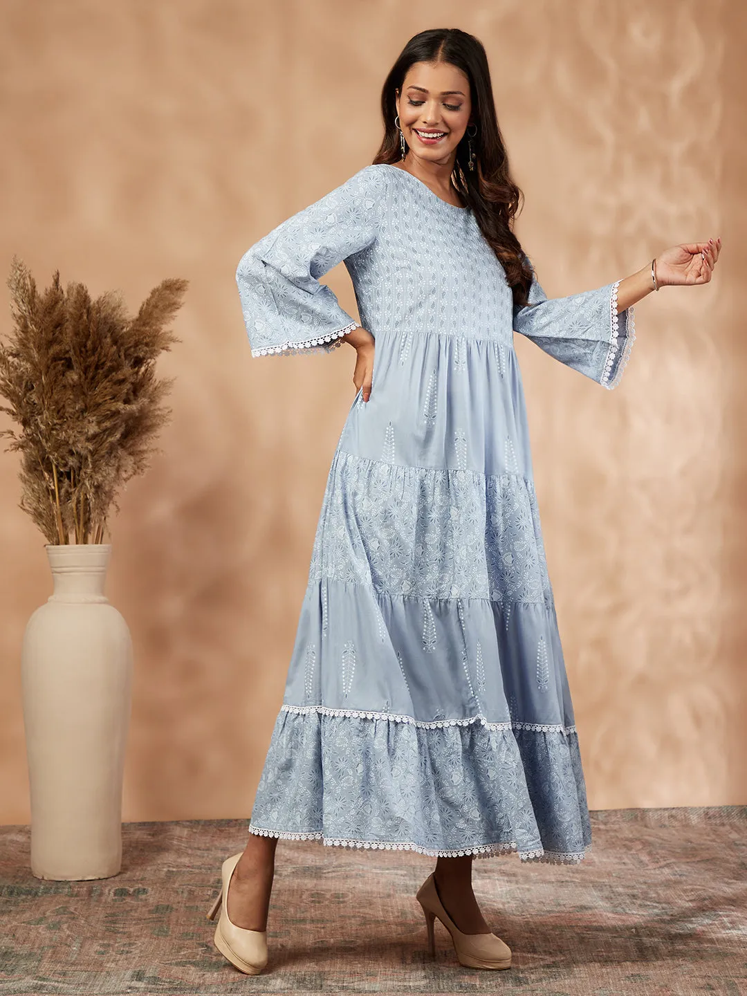 Light Blue Printed Tiered Dress