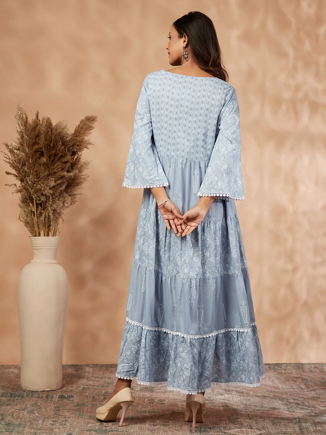 Light Blue Printed Tiered Dress