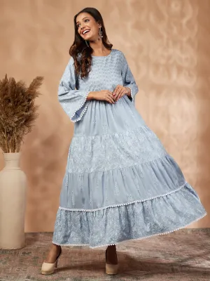Light Blue Printed Tiered Dress