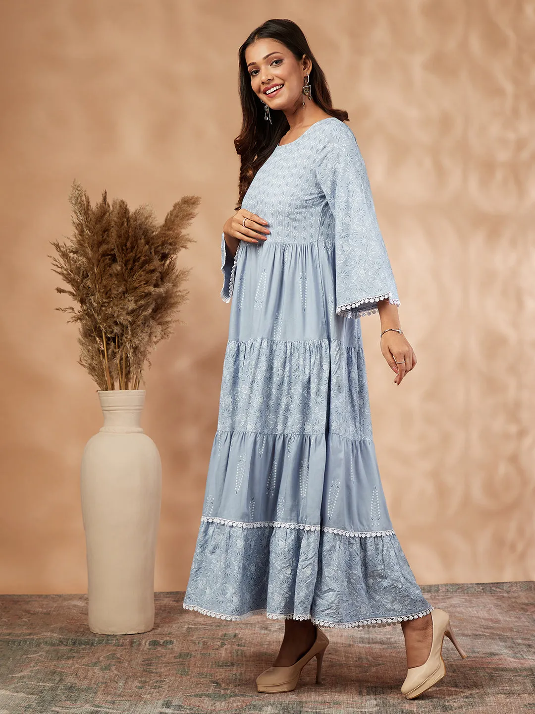 Light Blue Printed Tiered Dress