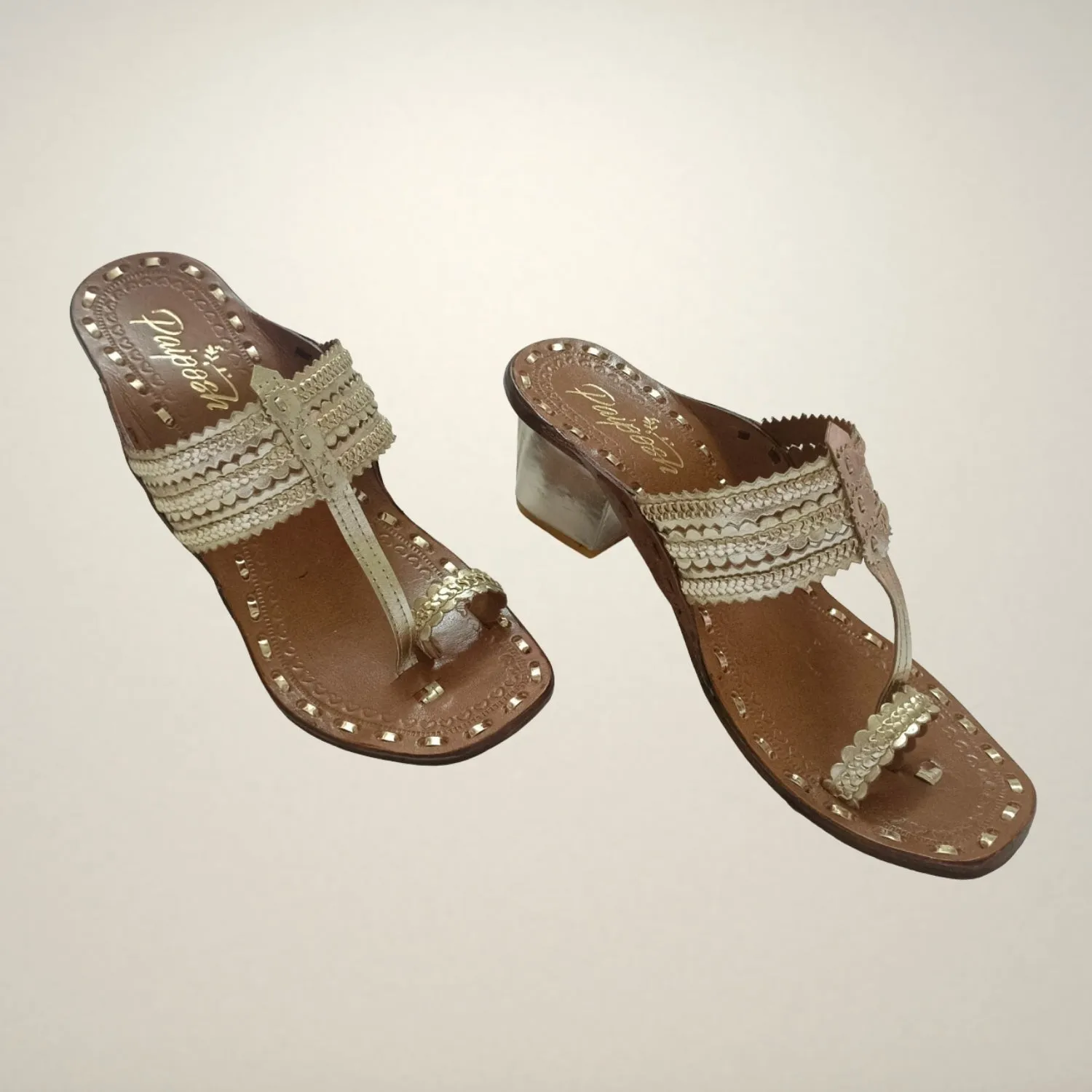 Light Gold Kongri Kolhapuris | Women | Hand Crafted | Comfortable | Block Heel