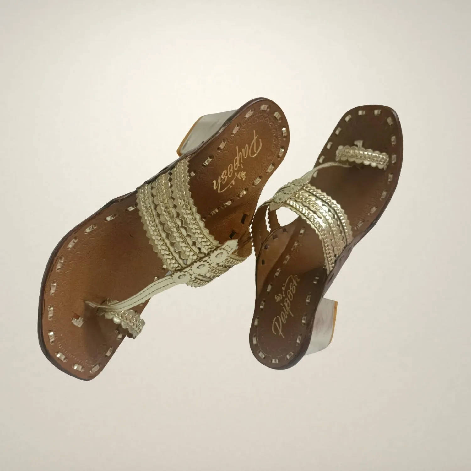 Light Gold Kongri Kolhapuris | Women | Hand Crafted | Comfortable | Block Heel