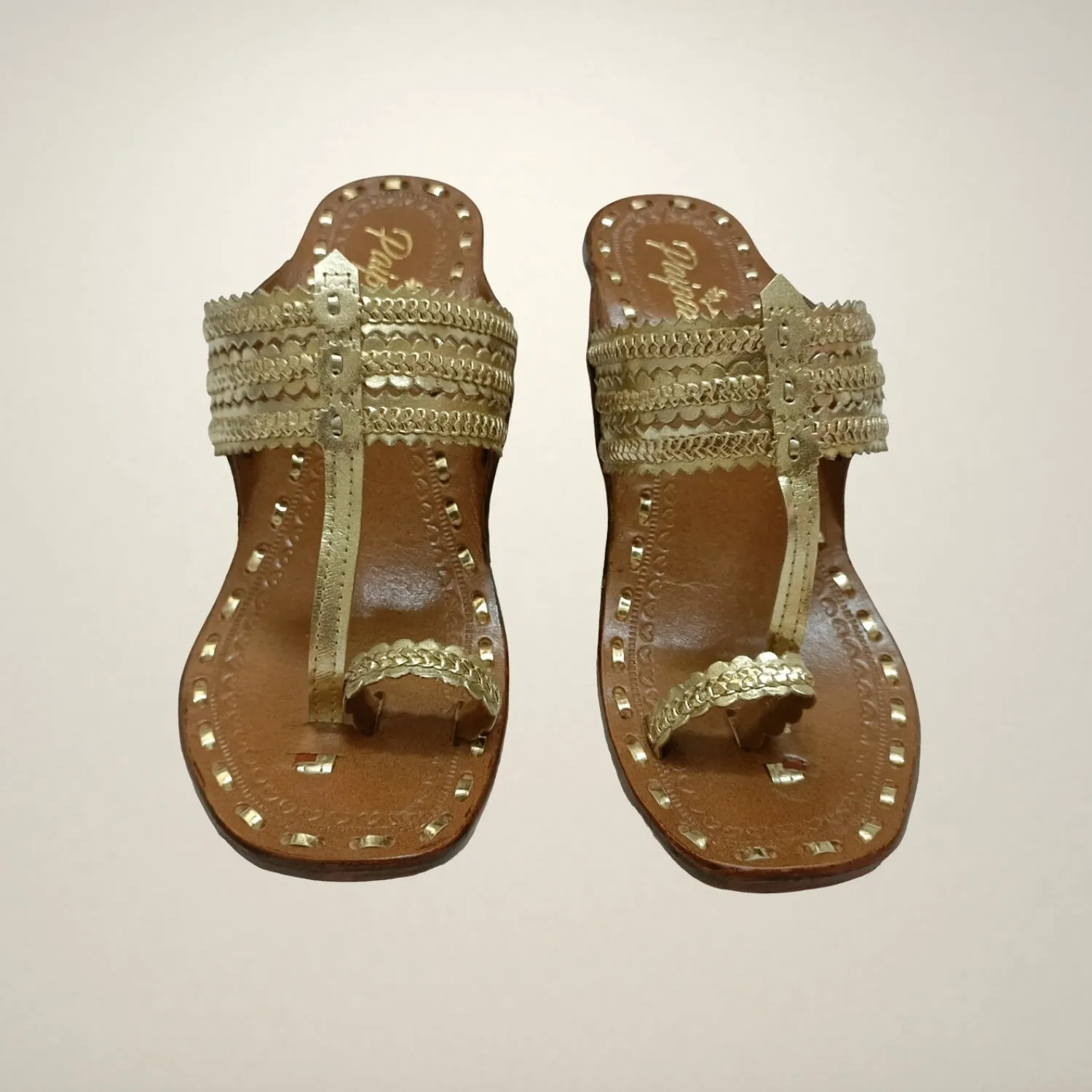Light Gold Kongri Kolhapuris | Women | Hand Crafted | Comfortable | Block Heel