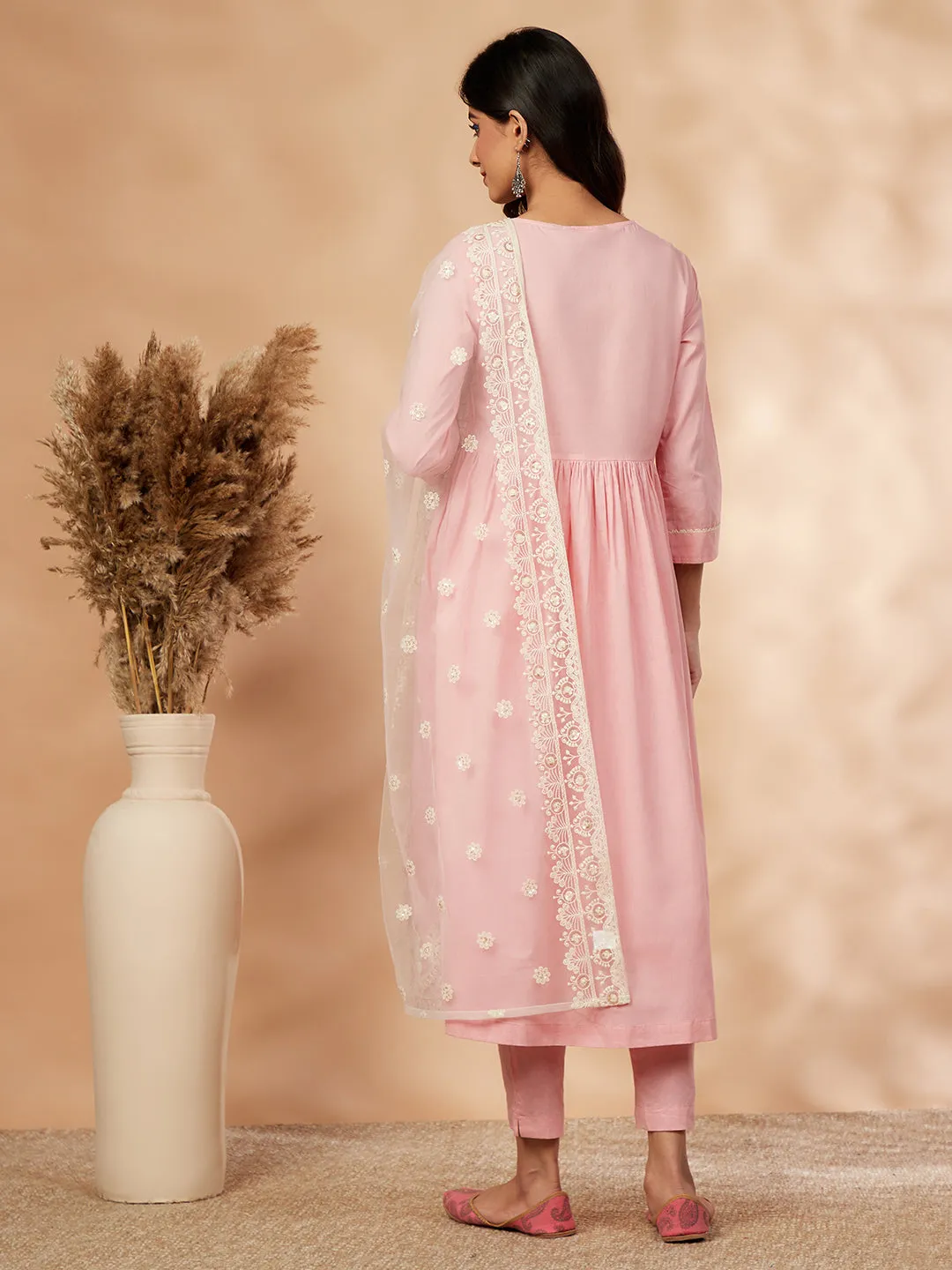 Light Pink Embroidered Gathered Kurta Set