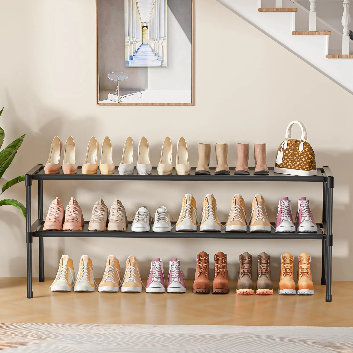 Long Shoe Rack 2 Tier Shoe Storage Organizer Wide Stackable Shoe Organizer Racks for Closet Entryway,Shoe Shelf Stand Sturdy Durable Shoes Rack Holder Save Space