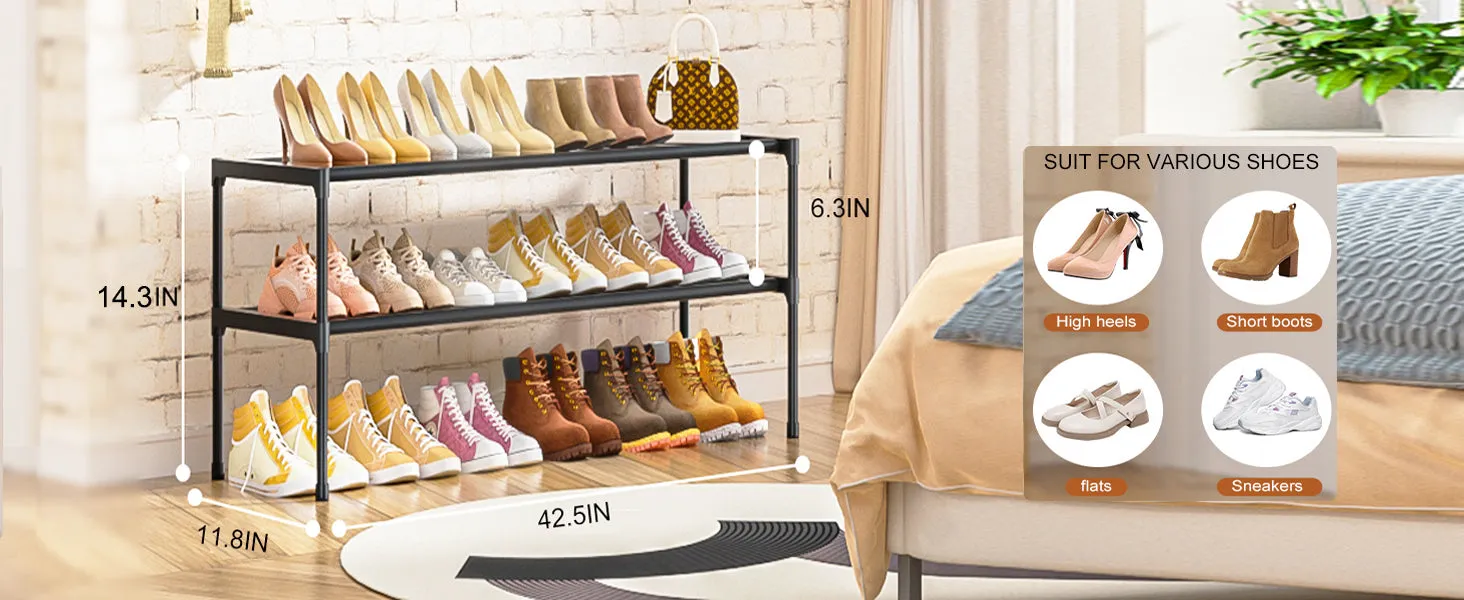 Long Shoe Rack 2 Tier Shoe Storage Organizer Wide Stackable Shoe Organizer Racks for Closet Entryway,Shoe Shelf Stand Sturdy Durable Shoes Rack Holder Save Space