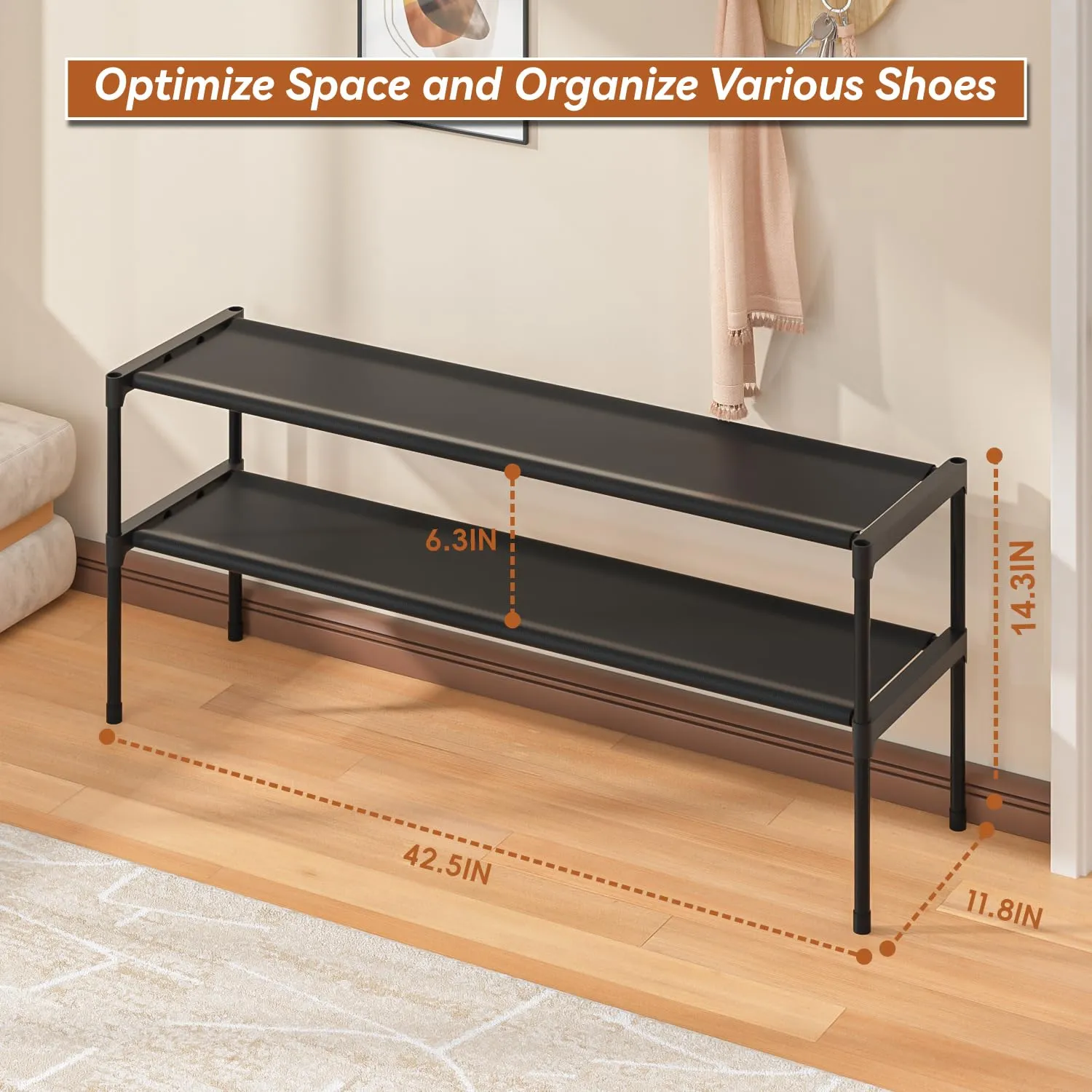 Long Shoe Rack 2 Tier Shoe Storage Organizer Wide Stackable Shoe Organizer Racks for Closet Entryway,Shoe Shelf Stand Sturdy Durable Shoes Rack Holder Save Space