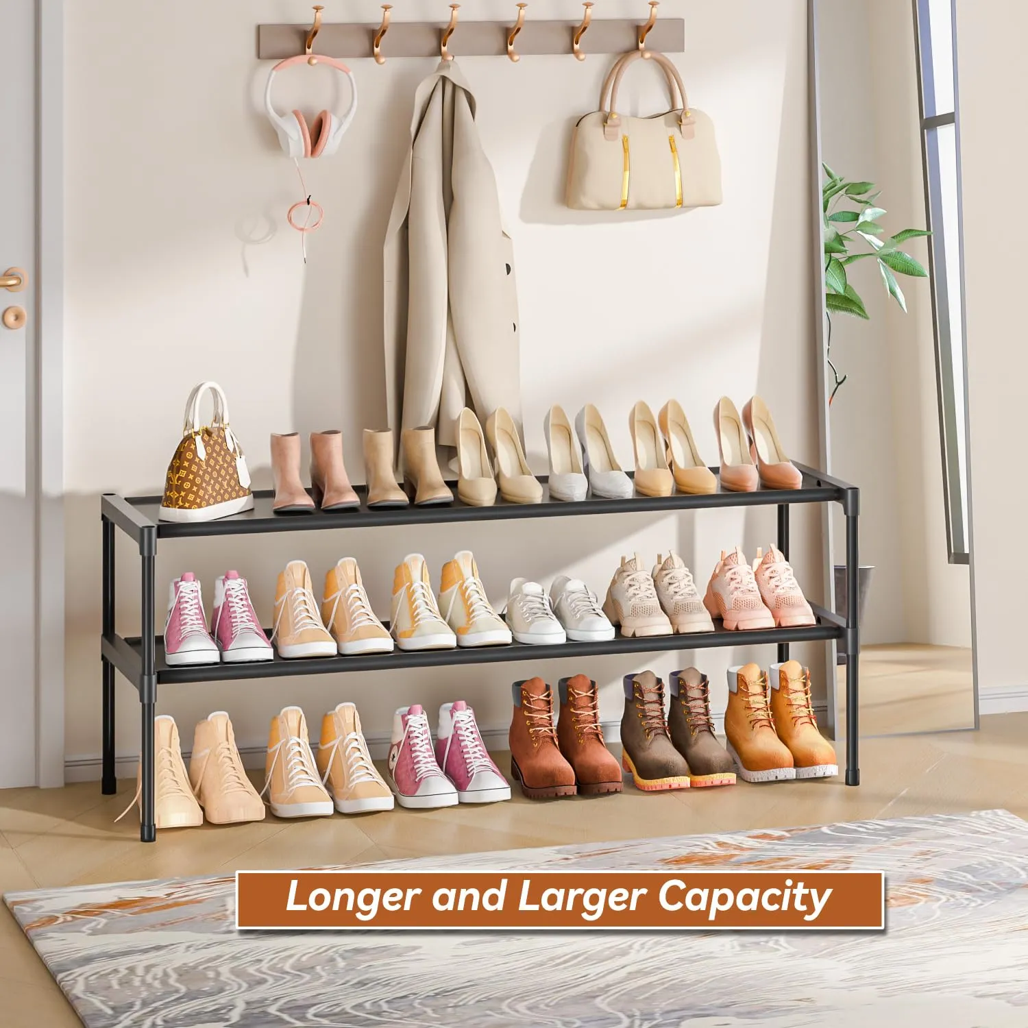 Long Shoe Rack 2 Tier Shoe Storage Organizer Wide Stackable Shoe Organizer Racks for Closet Entryway,Shoe Shelf Stand Sturdy Durable Shoes Rack Holder Save Space