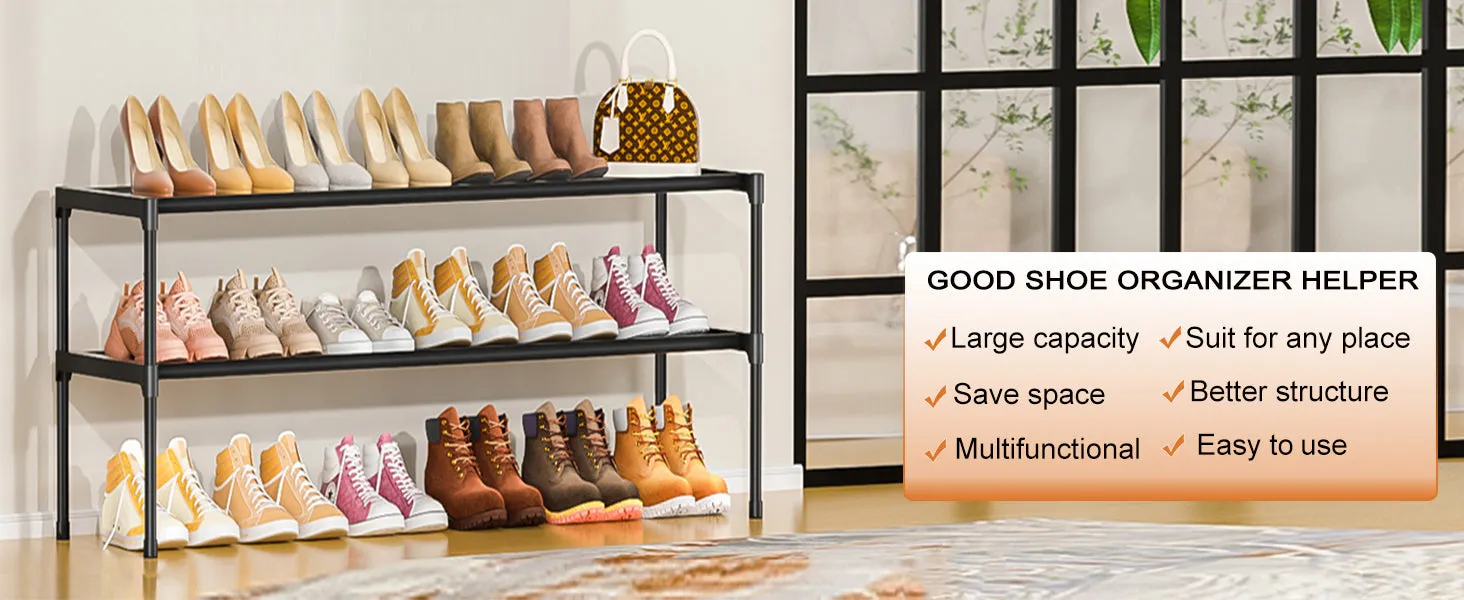 Long Shoe Rack 2 Tier Shoe Storage Organizer Wide Stackable Shoe Organizer Racks for Closet Entryway,Shoe Shelf Stand Sturdy Durable Shoes Rack Holder Save Space