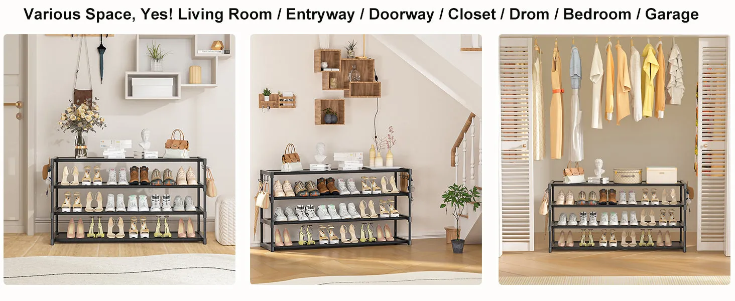 Long Shoe Rack 4 Tier Shoe Storage Organizer with 2 Hooks, Wide Stackable Shoe Organizer Racks for Closet Entryway,Shoe Shelf Stand Sturdy Durable Shoes Holder Save Space Up to 26Pairs