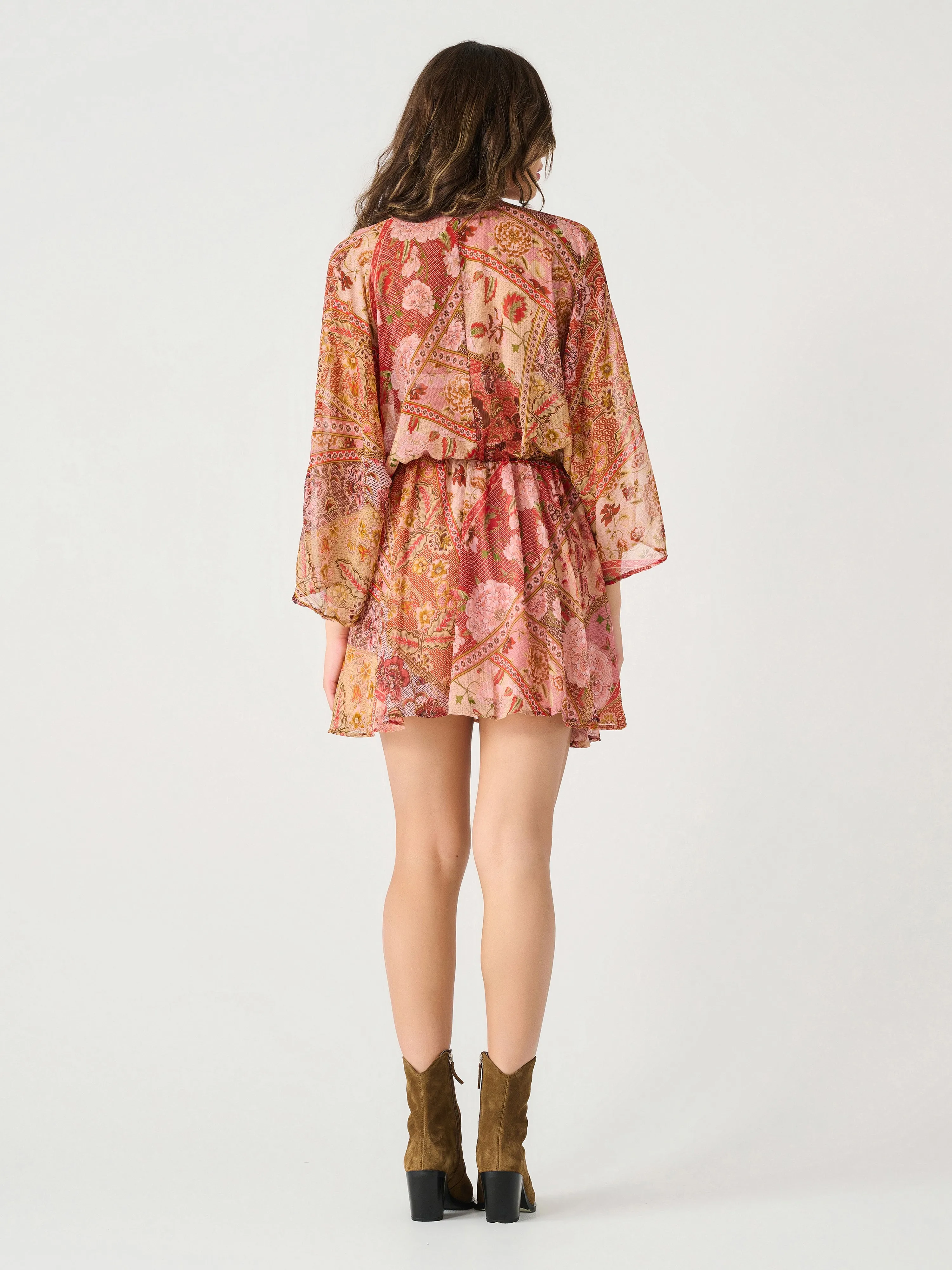 Long Sleeve Wrap Mini Dress | Russet Floral Patchwork