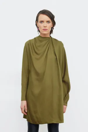 Loose-Fit Mini Dress With Draped Neckline Satin Olive