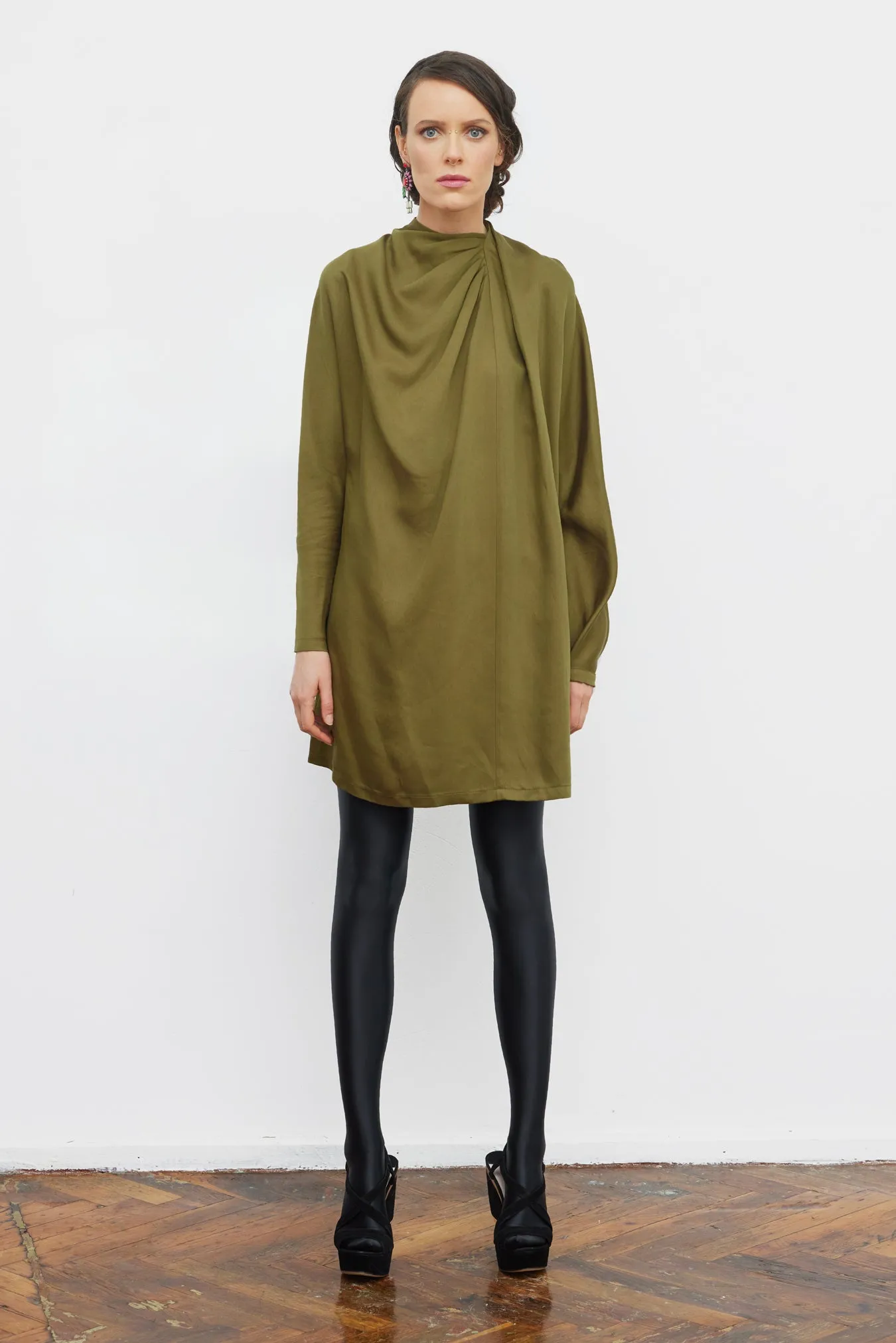 Loose-Fit Mini Dress With Draped Neckline Satin Olive