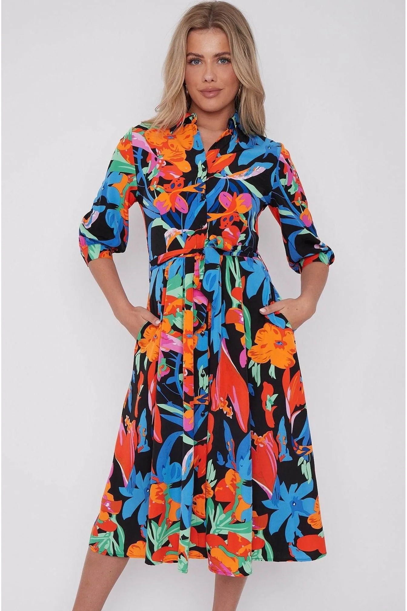LOVE SUNSHINE Multi Floral Print Half Sleeve Midi Shirt Dress