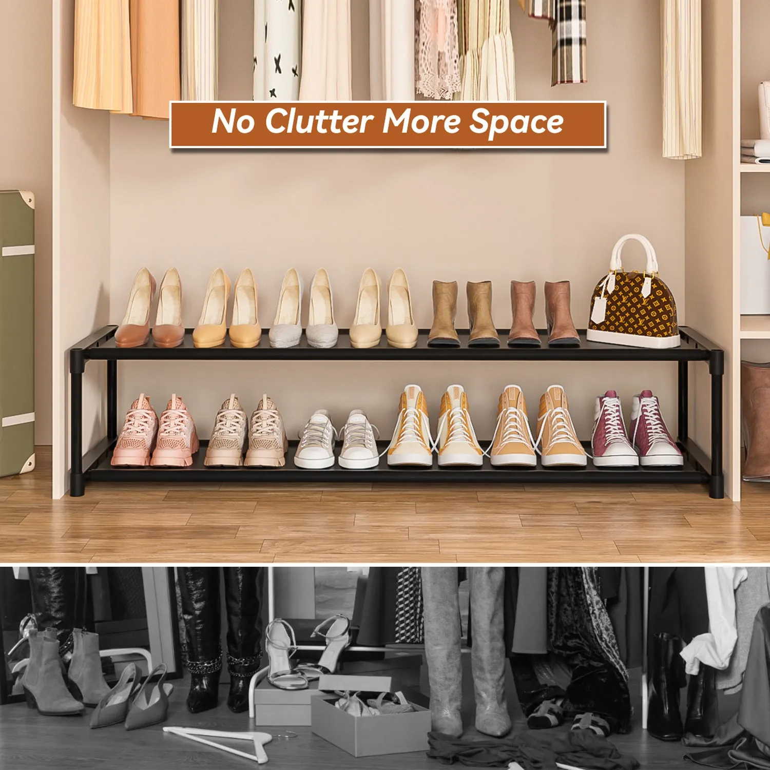 LUKYTOWER Long Shoe Rack Organizer 2 Tier Shoes Rack Storage Organizer for Closet Entryway Short Wide Sturdy Shoe Storage Racks Holder Low Shoe Shelf Free Standing Shoe Racks Garage12-13Pairs