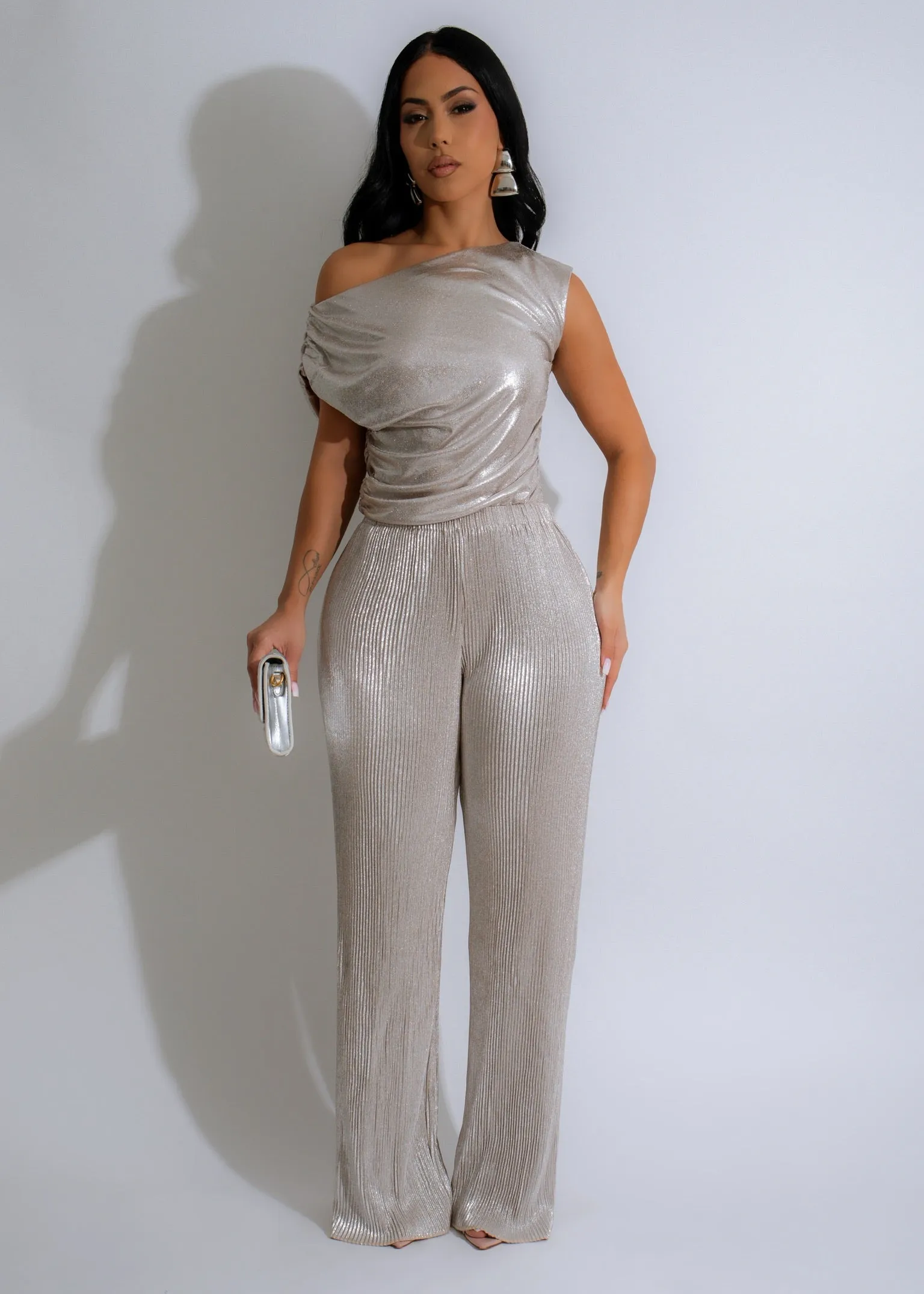 Luxe Luster Ruched Pant Set Silver