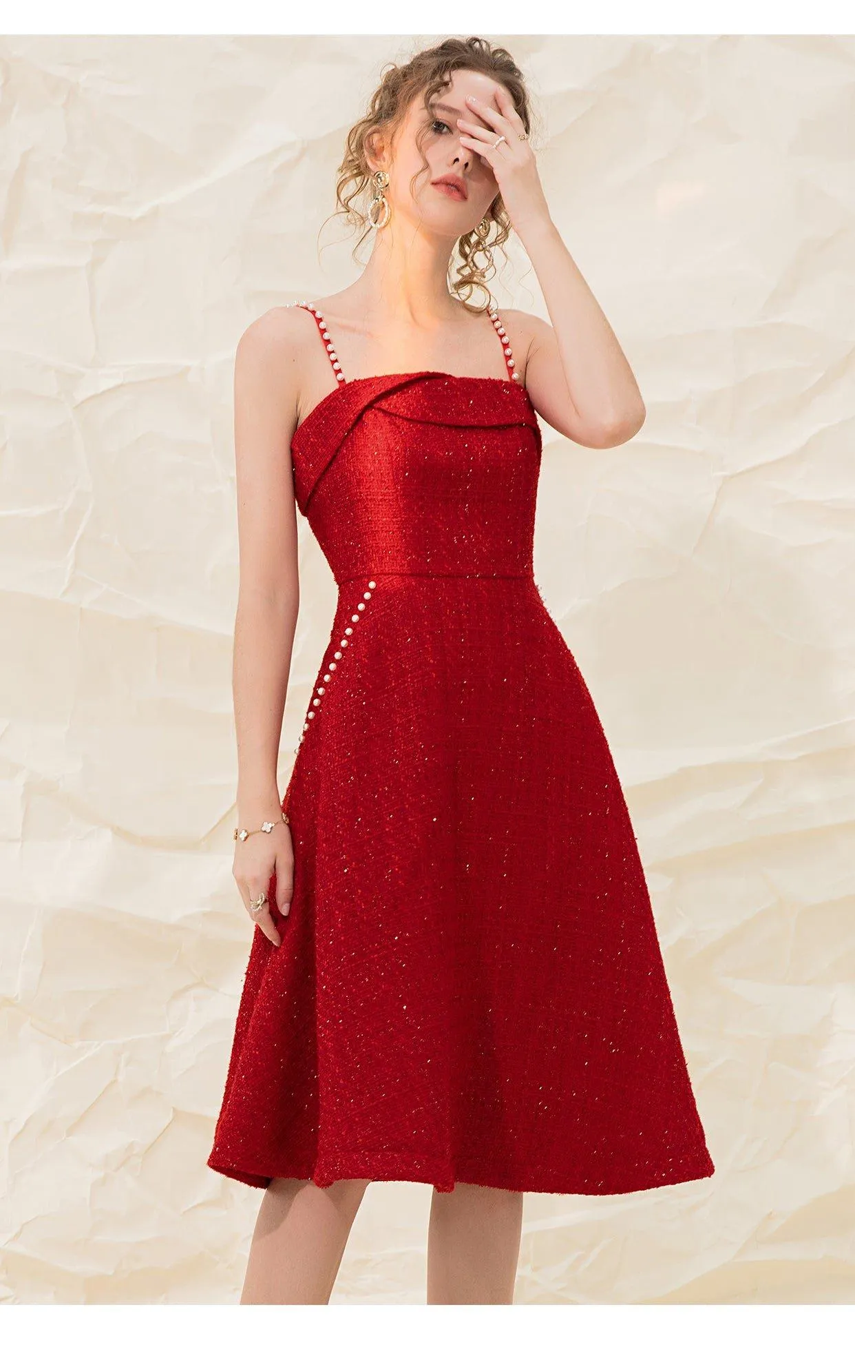 Luxury designer retro vintage pearl sling tweed dress - Uiek