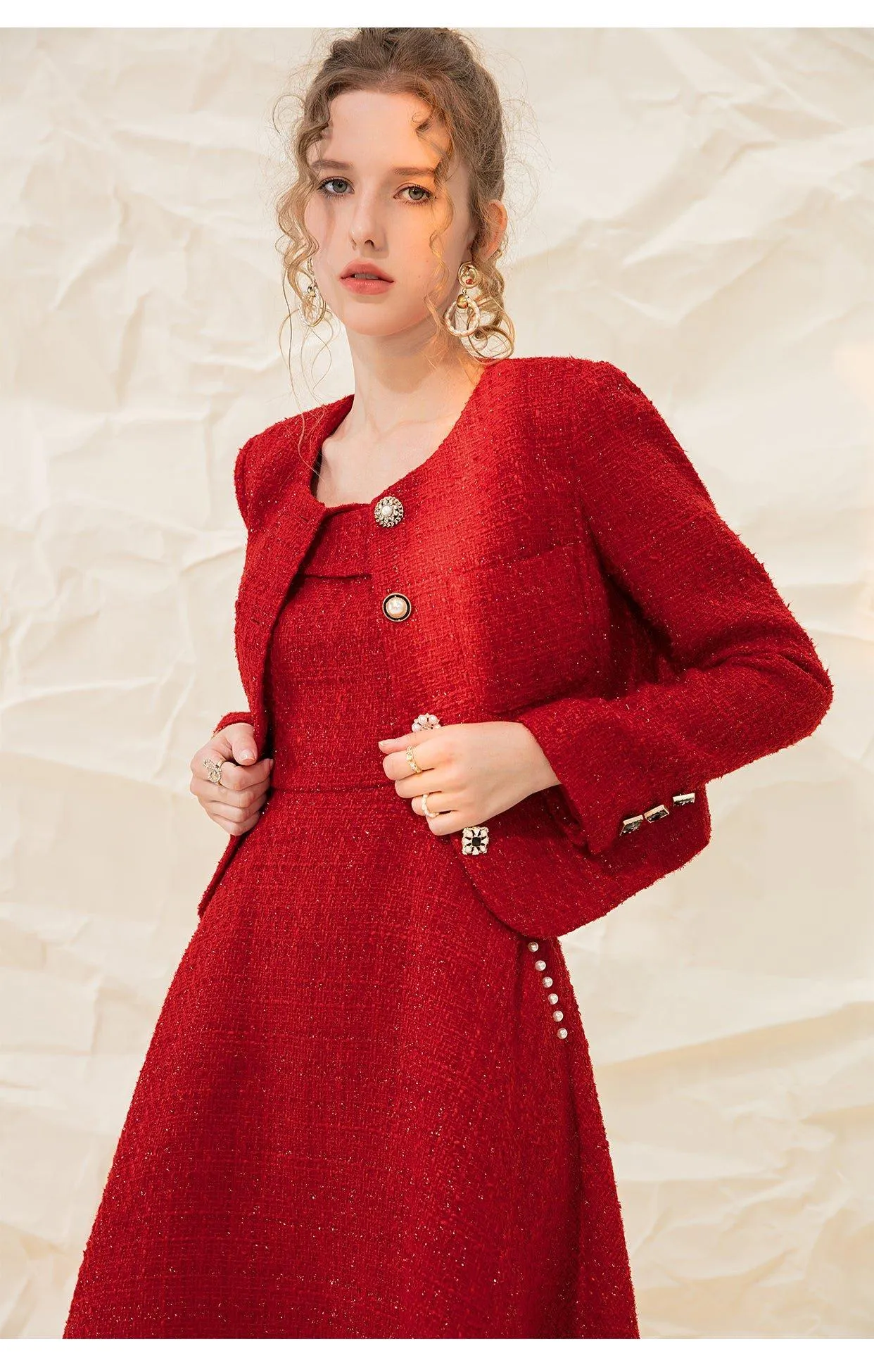 Luxury designer retro vintage pearl sling tweed dress - Uiek