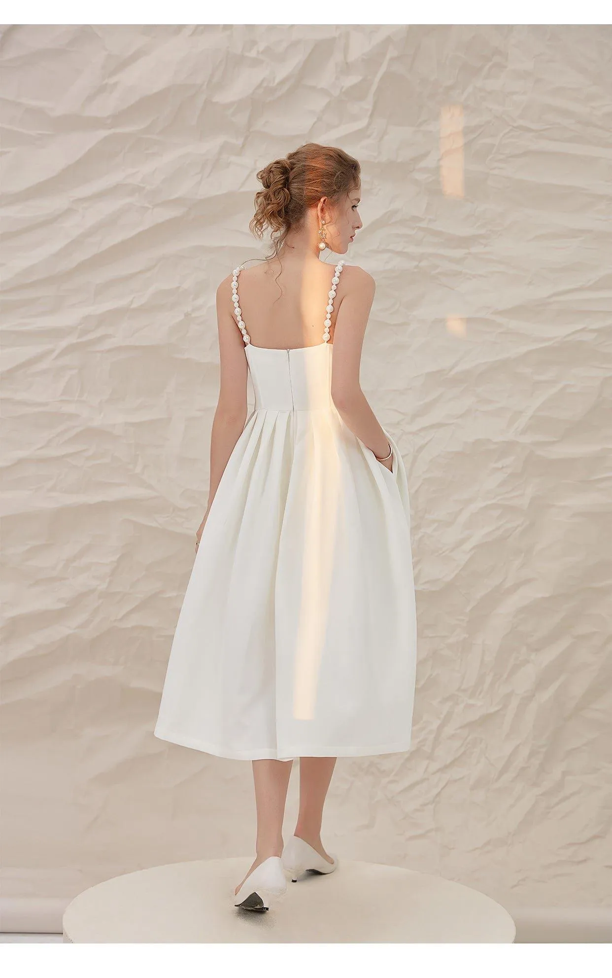 Luxury French retro elegant white midi wedding texture backless dress - Stila