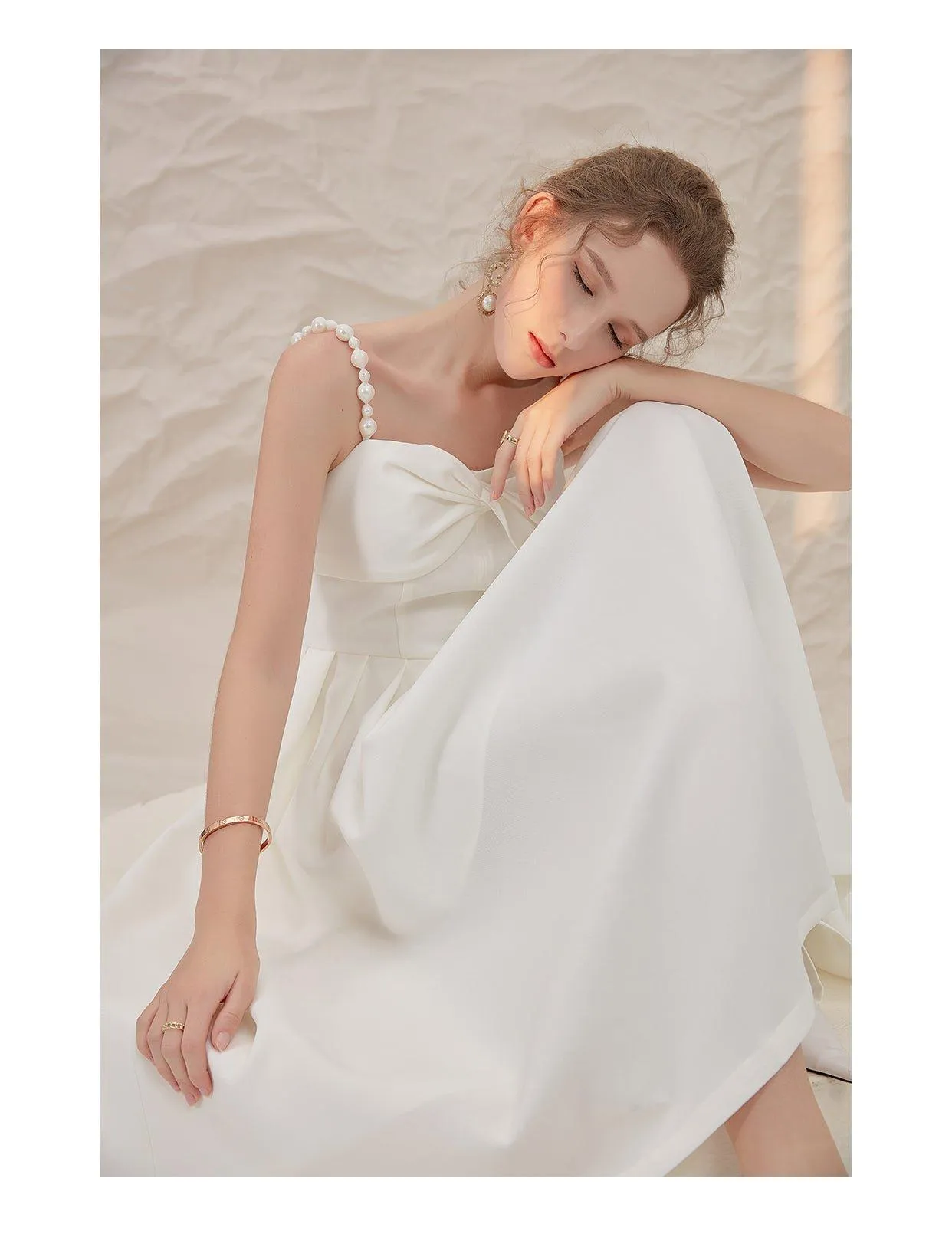 Luxury French retro elegant white midi wedding texture backless dress - Stila