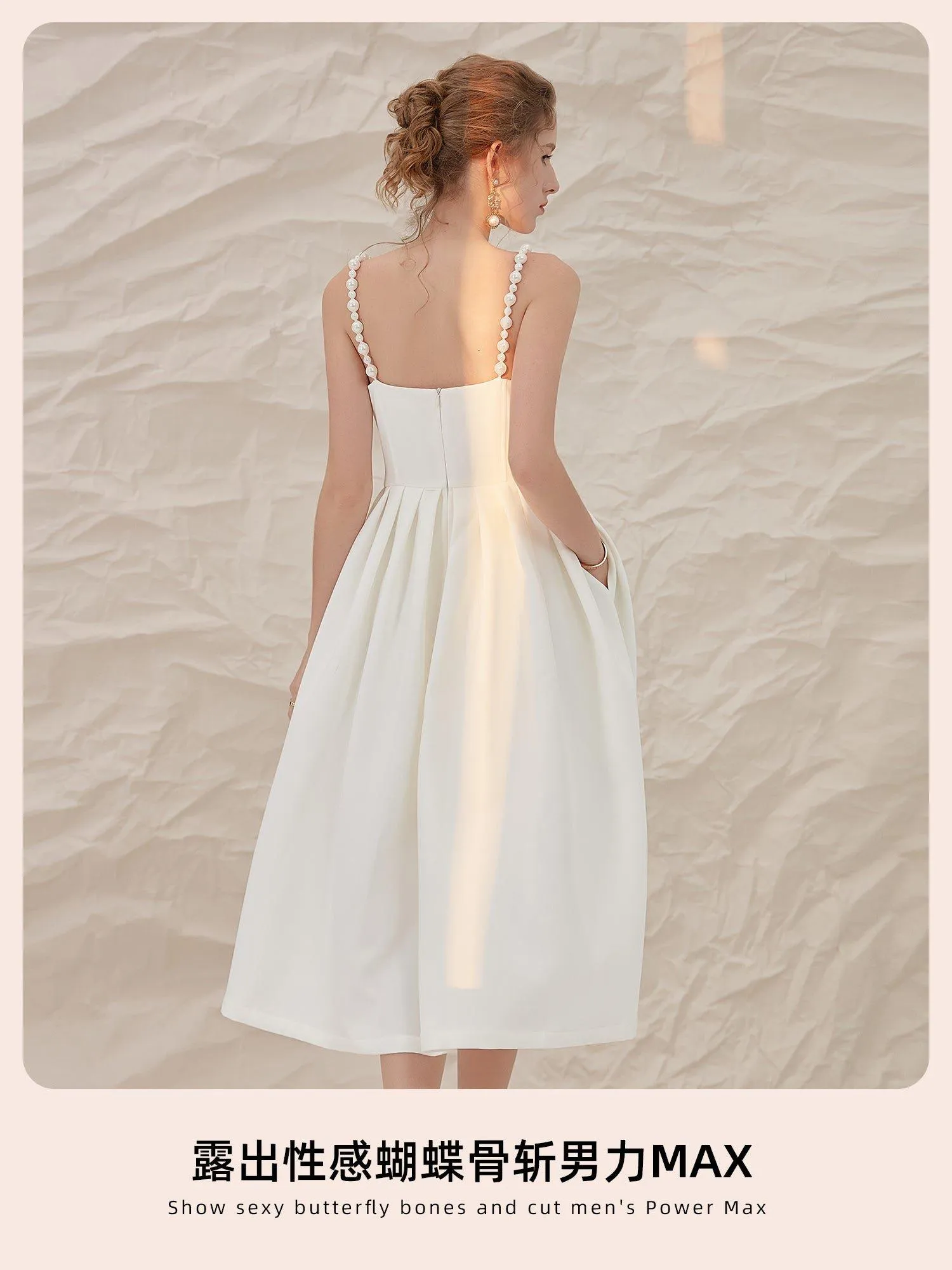 Luxury French retro elegant white midi wedding texture backless dress - Stila
